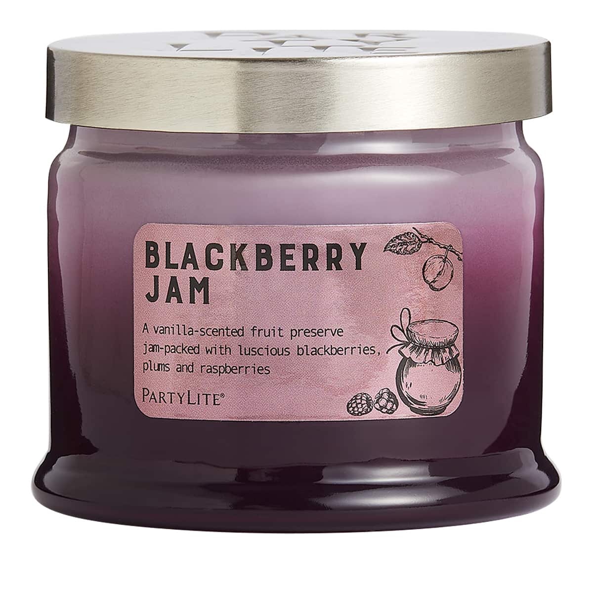 A 3-wick jar candle labeled 'Blackberry Jam' with a purple tinted wax, decorative elements and text on the label, silver lid on top.