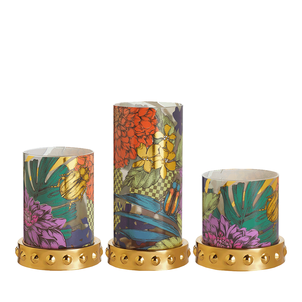 Garden Couture trio tealight holders with colorful floral designs.