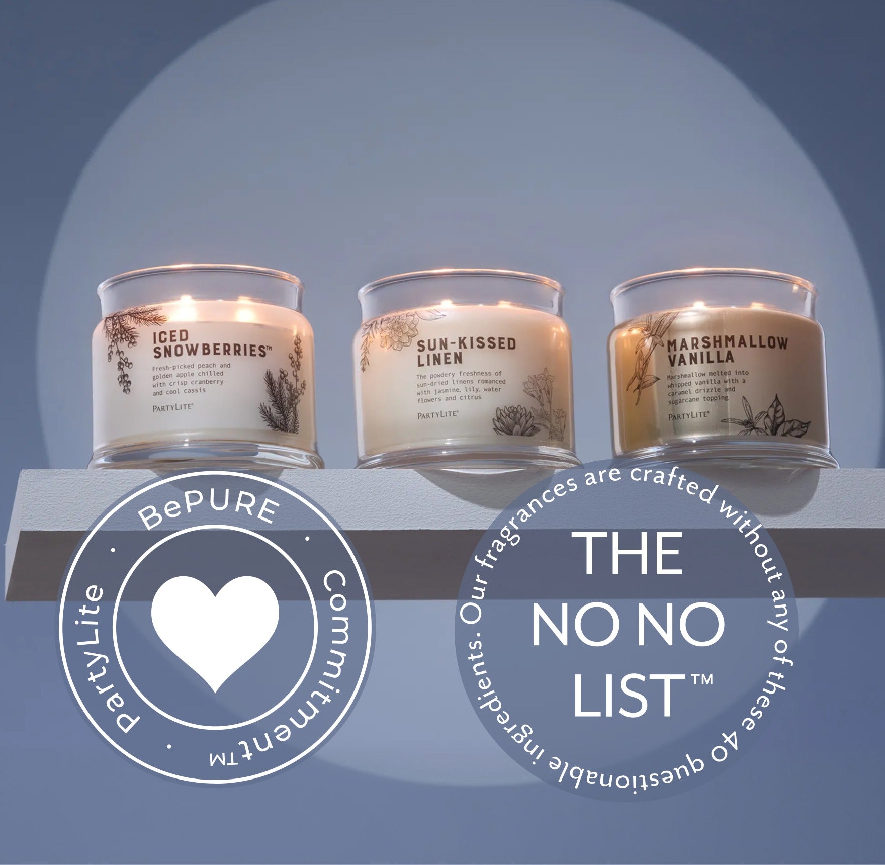 Three lit candles on a shelf with 'BePURE.Commitment™.PartyLite' and 'The No No List™ Our fragrances are crafted without any of these 40 questionable ingredients.' icons.