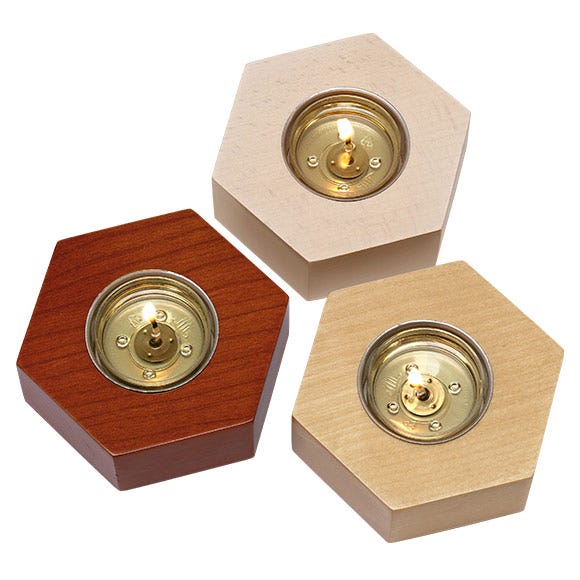 Wood Hexagon Tealight Candle Trio against a white background.