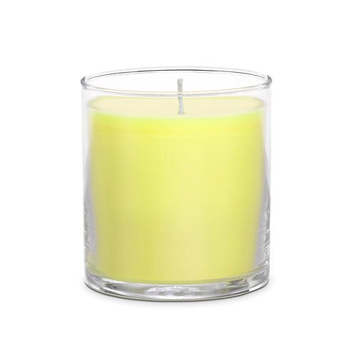 Wild Lemongrass Citronella GloLite jar candle in a yellow color against a white background.