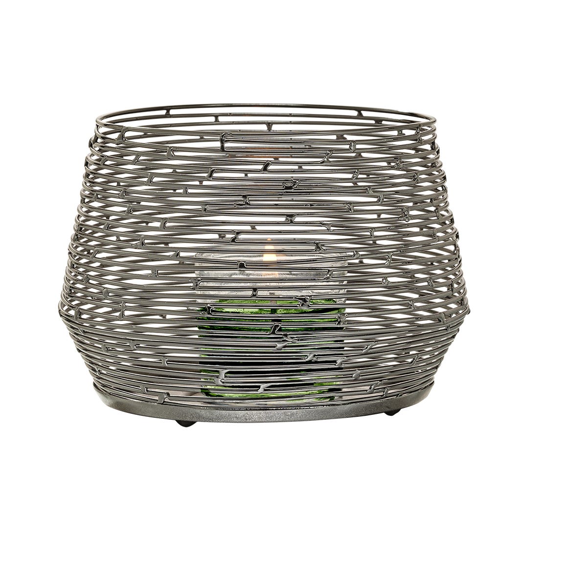 A Spun Wire Votive Holder with a black nickel finish, consisting of a coiled wire structure, and a glass cup placed inside it containing a votive.