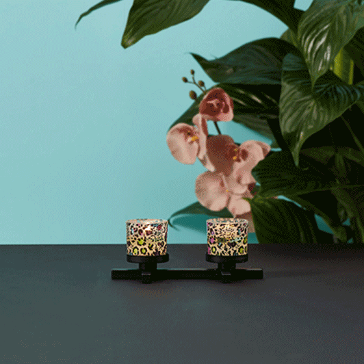 Exotic Chic Votive Candle Holder shown on a dark surface with a green background and houseplant.