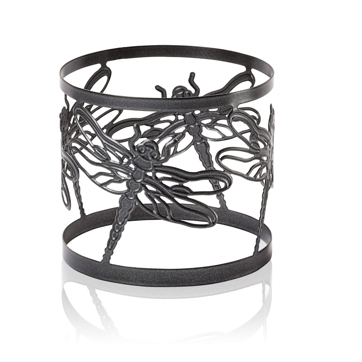 Dragonfly Jar Candle Sleeve black metal against a white background.