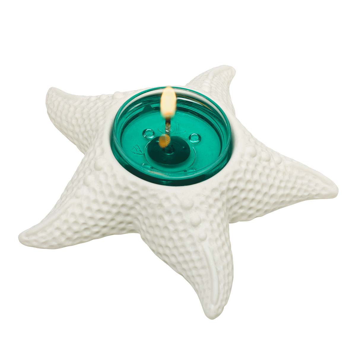 White Starfish Tealight Holder shown with a lit tealight candle.