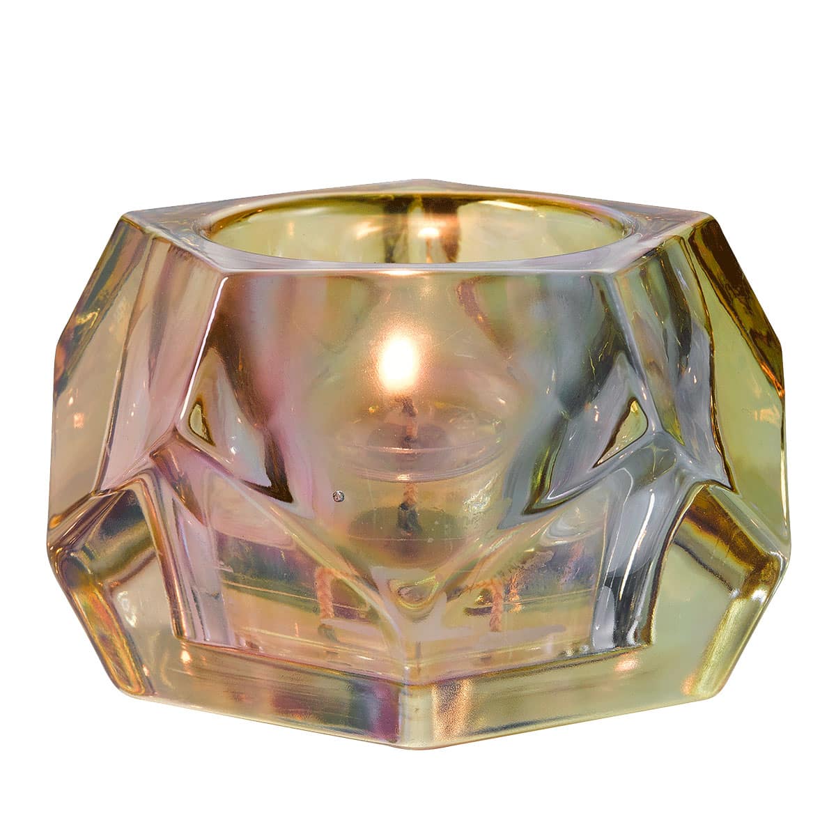 Rainbow Votive Candle Holder shown with a lit candle against a white background.
