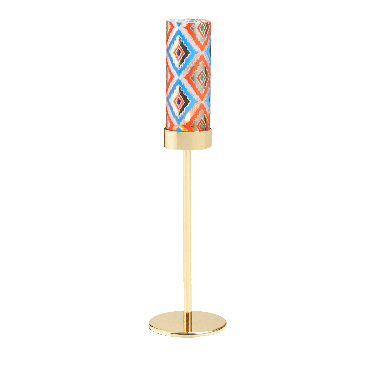 one of Tribal Chic Raised Tealight Holder Trio colorful pattern cup on a gold stand.