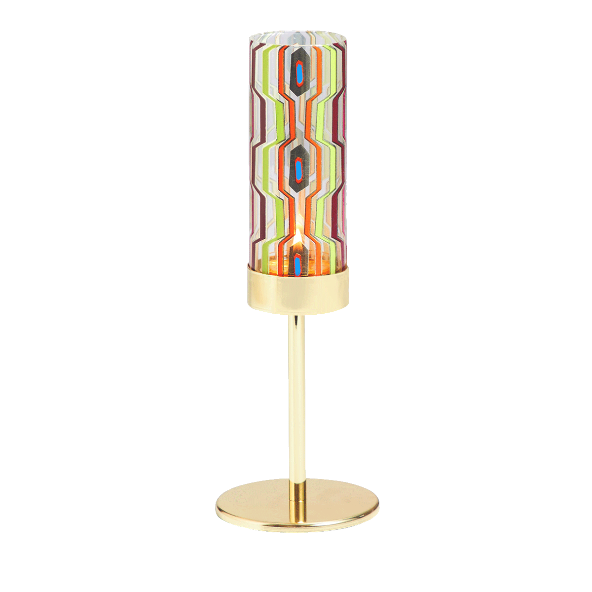 one of the Tribal Chic Raised Tealight Holder Trio pattern cup on a gold stand.
