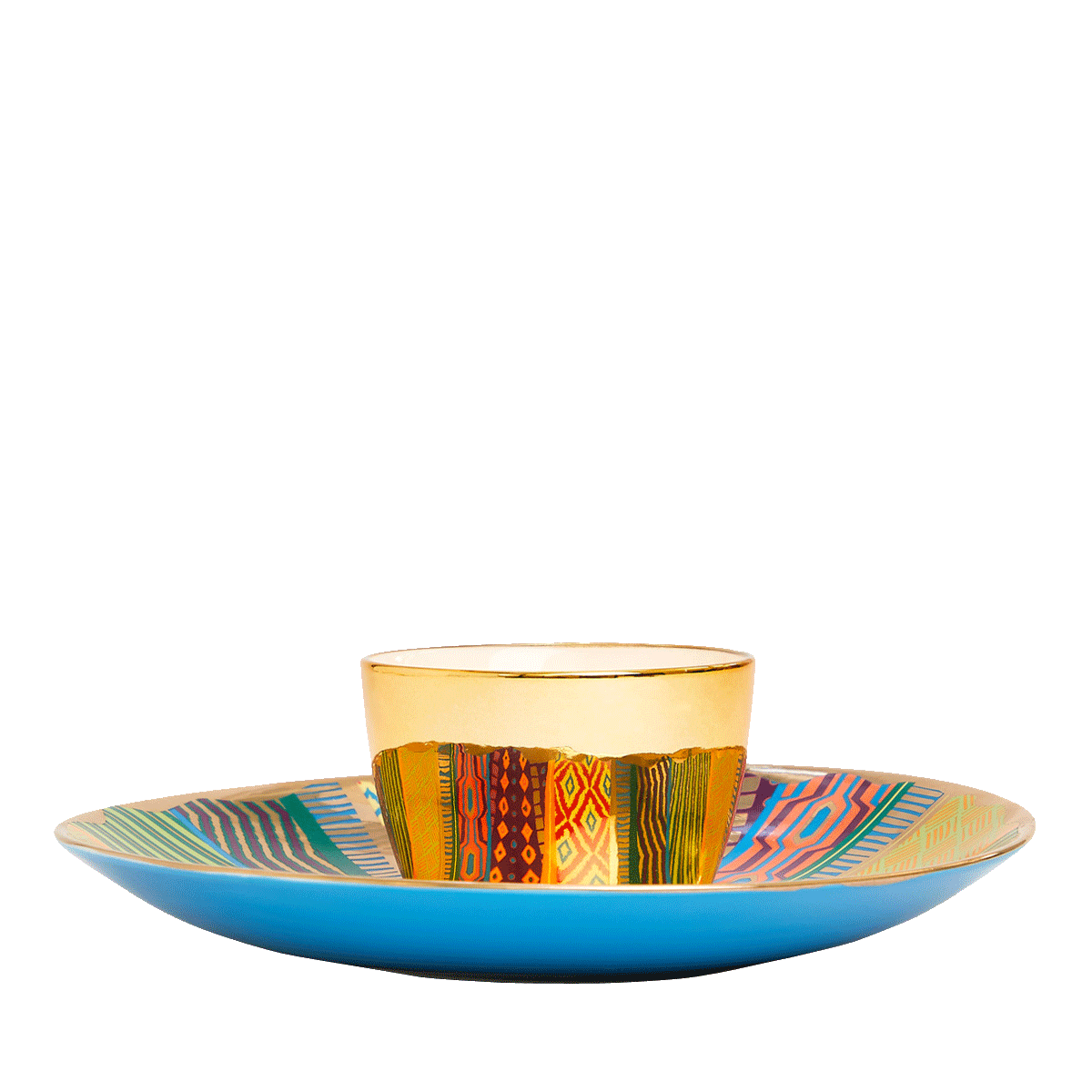Tribal Chic Reflections Large Tealight Holder colorful pattern saucer with a holder in the middle.