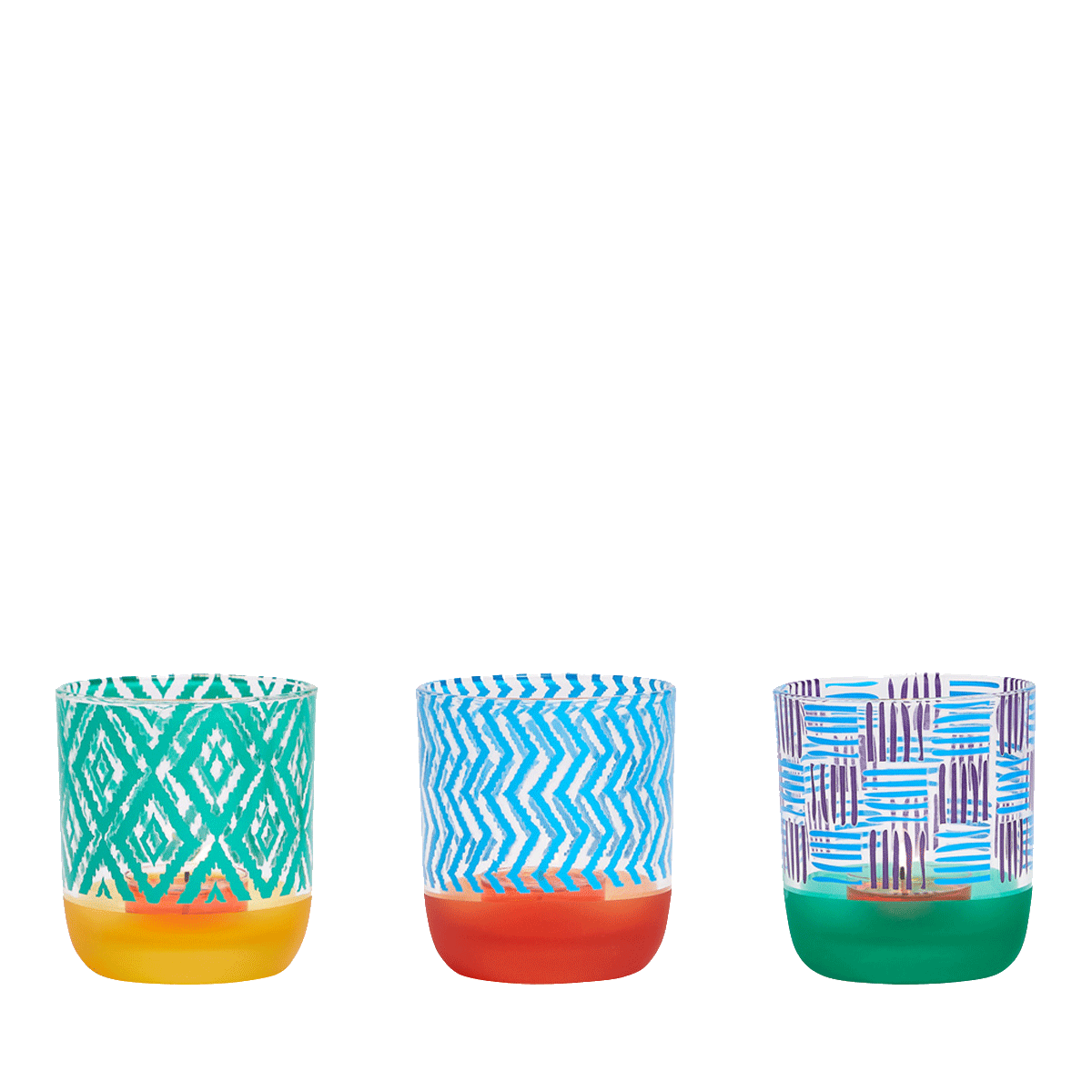 Tribal Chic Tealight Holder Trio colorful holders against a light background.