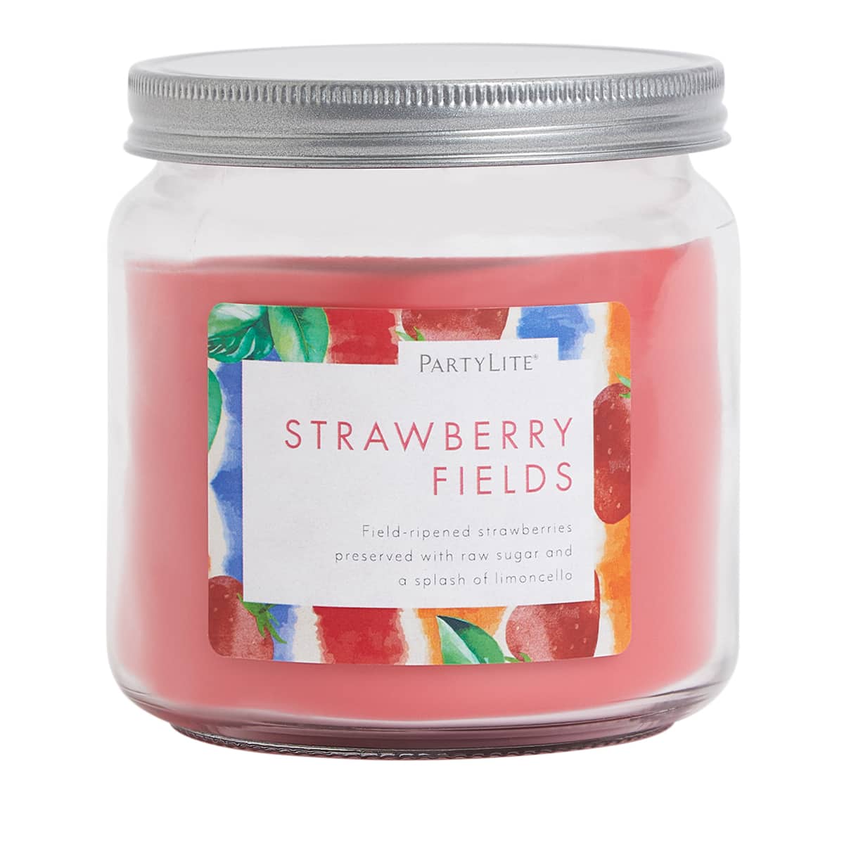 Strawberry Fields Freshly Picked Favorites Jar Candle, against a white background.