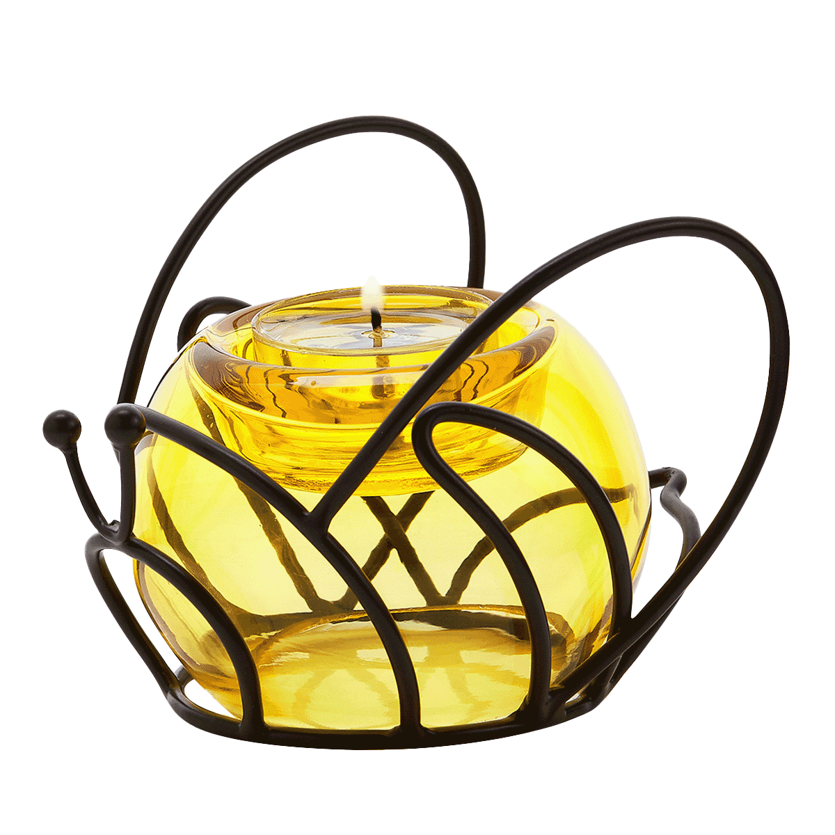 A dark metal tealight holder designed to resemble a bee, with a yellow glass globe for the body.