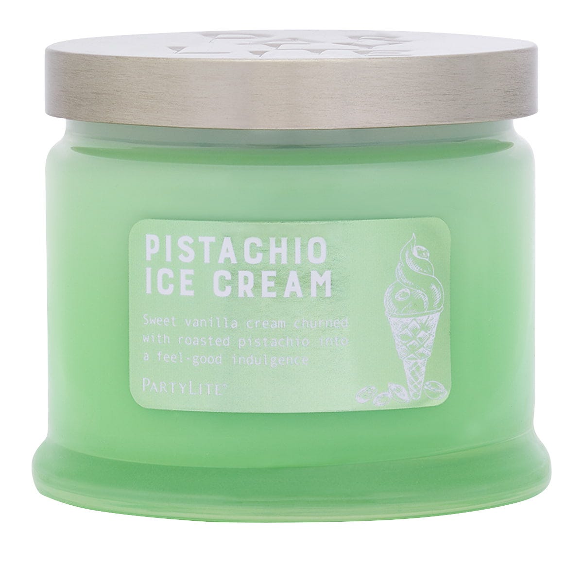Pistachio Ice Cream 3-Wick Jar Candle in a green color against a white background.