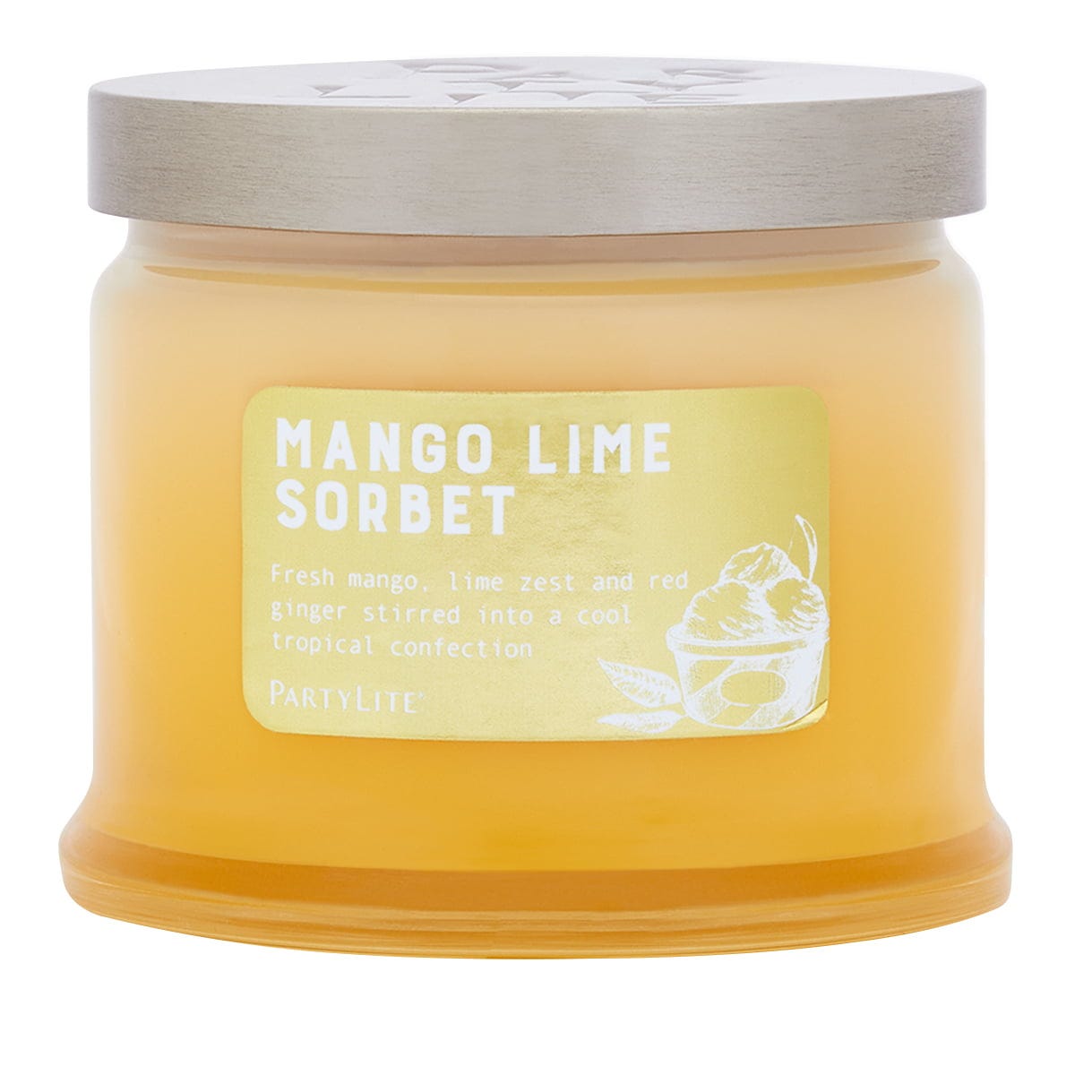 Mango Lime Sorbet 3-Wick Jar Candle yellow colored jar with a silver lid against a white background.