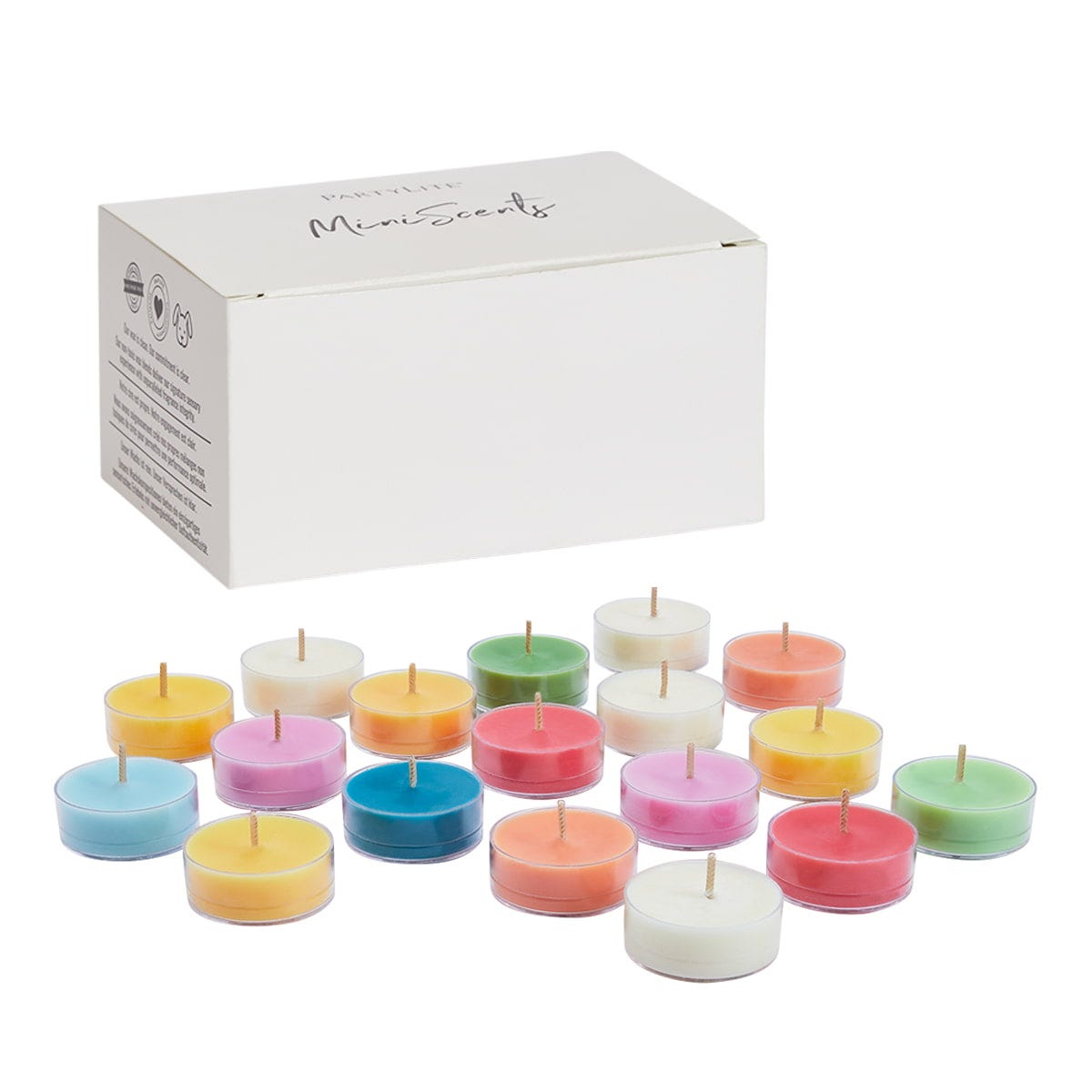 Summer Seasonal MiniScents 18-Piece Tealight Sampler with colorful tealights against a white background.