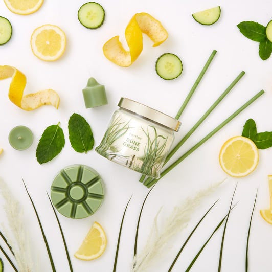 Dune Grass 3-wick jar, votive, tealight, fragrance sticks and wax melts against a white background, with slices of lemon and cucumber.