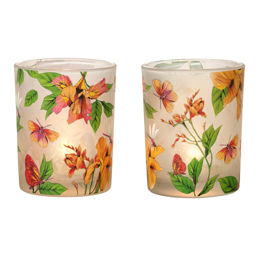 Afternoon Breeze Tealight Candle Holder Pair with green leaves and yellow/orange butterflies and colorful flowers.