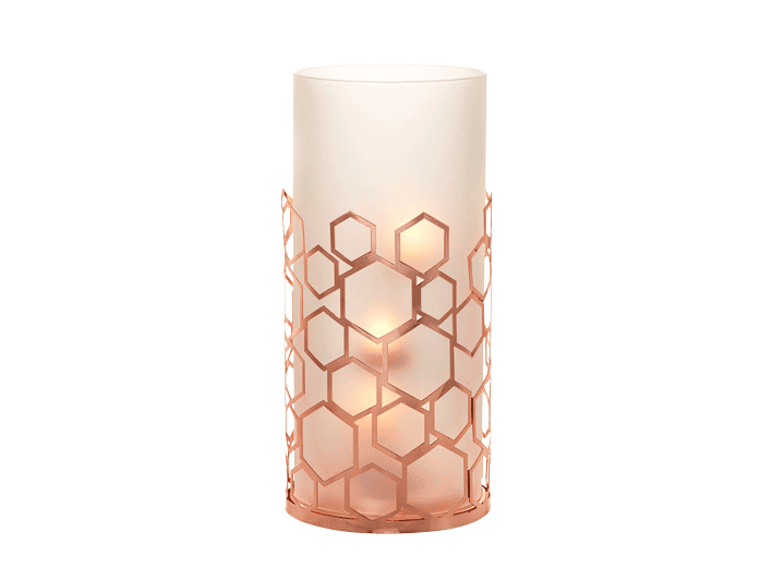 Frosted Honeycomb Hurricane with rose gold colored metal hexagon shapes with a white frosted insert.