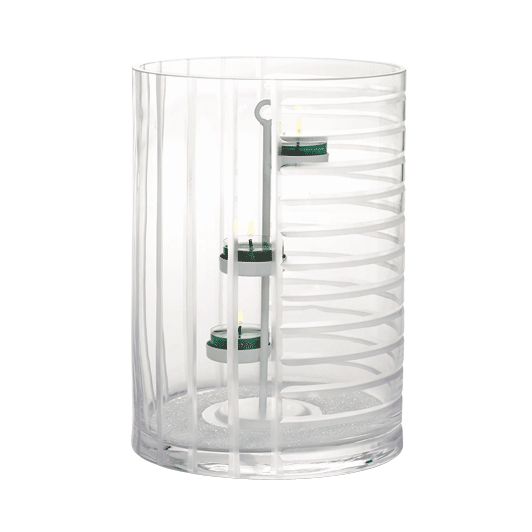 A clear glass hurricane candle holder with hand-cut horizontal and vertical lines.