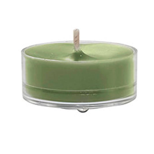 Dune Grass green tealight against a white background.