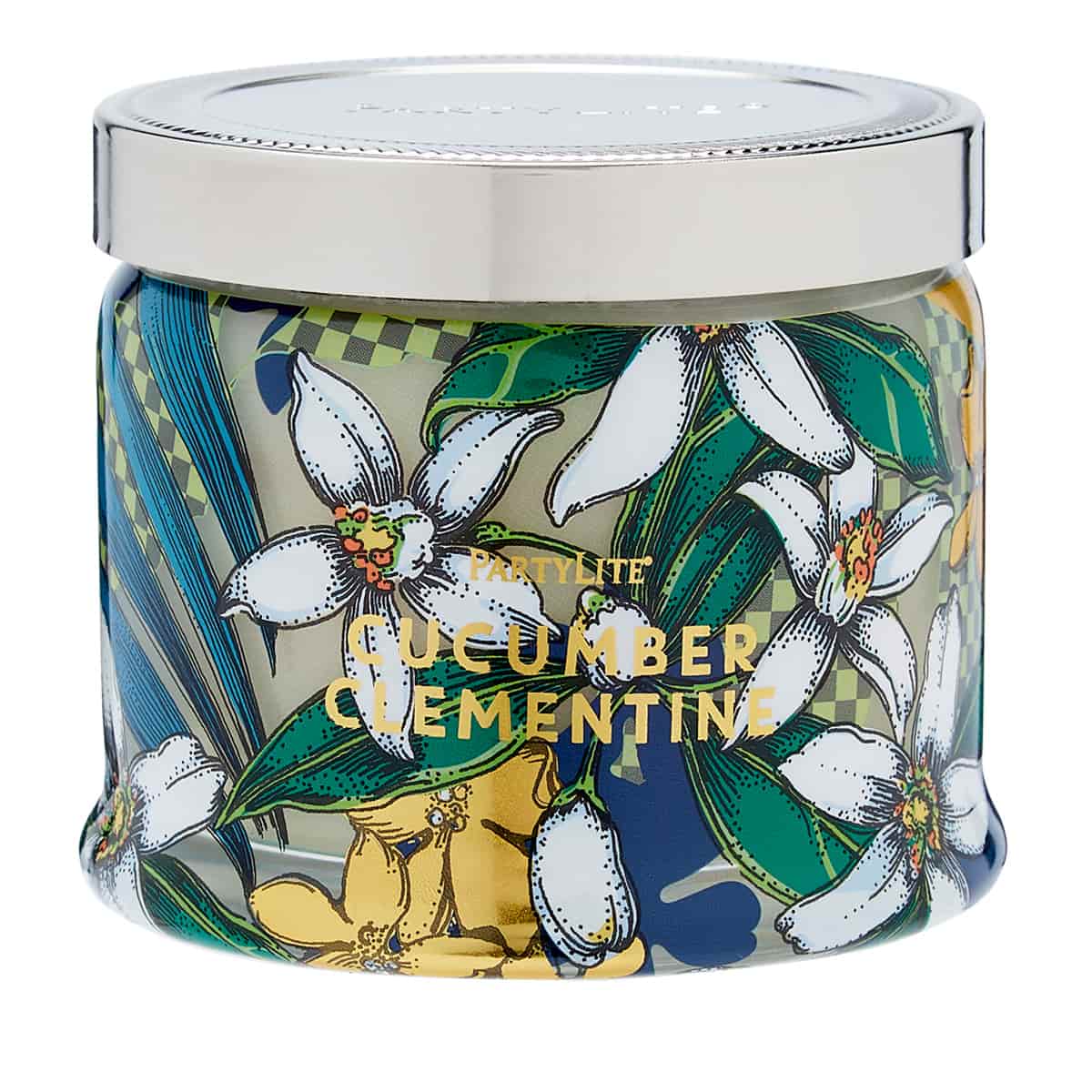 A 3-wick jar candle with a floral design, labeled 'Cucumber Clementine'.