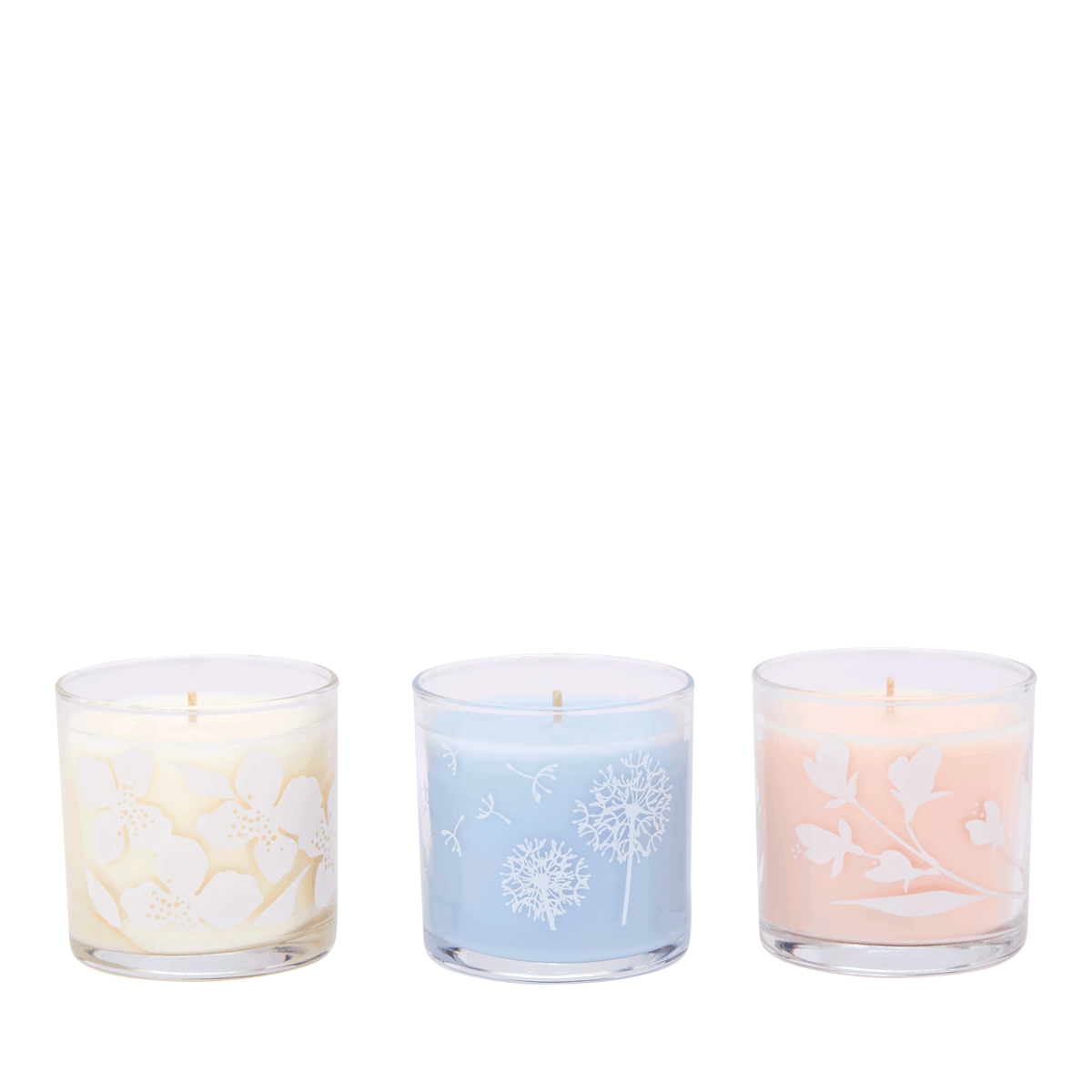 Simple Vibes™ Jar Candle Sampler, Set of 3 mini jar candles with blue, peach and cream wax.