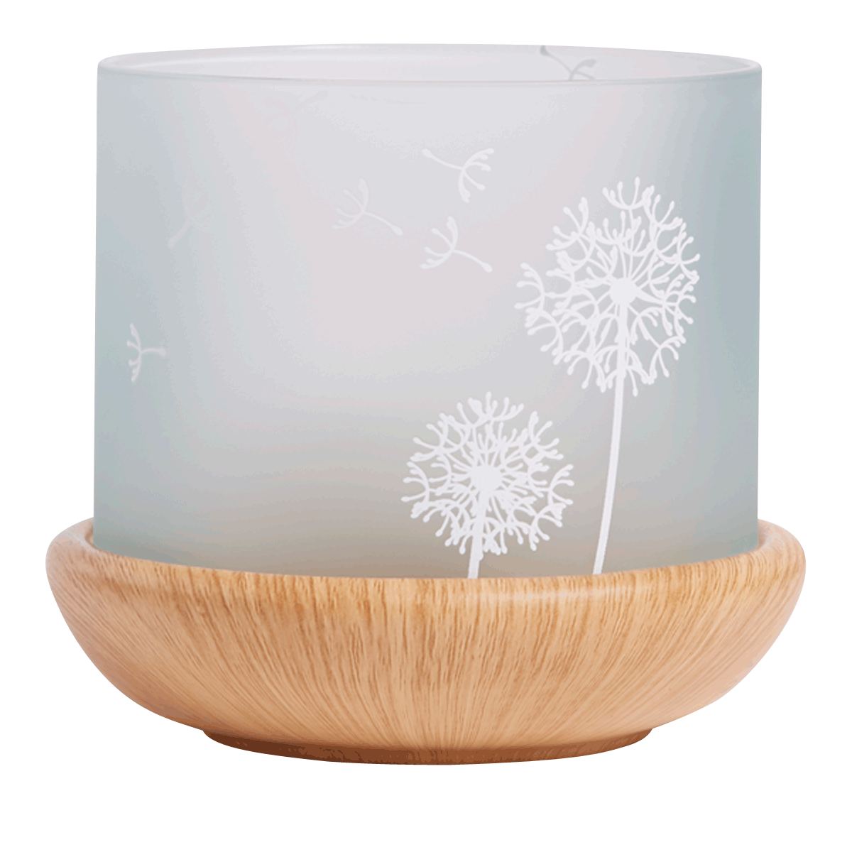 Springtime Blossoms Large Tealight Holder with a wooden base and a frosted glass insert with etched blossoms.