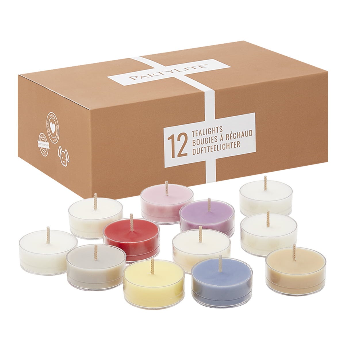 Tealight sampler packaging with various colored tealights against a white background.