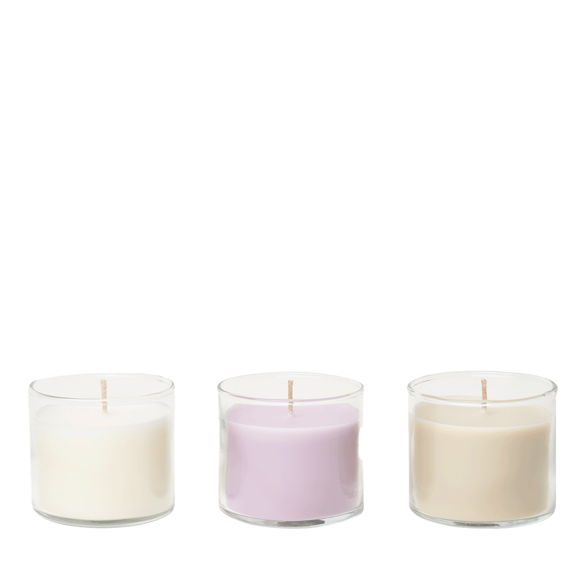 Fresh Home Mini Jar Candles Sampler in white, purple, and beige colors, arranged side by side.