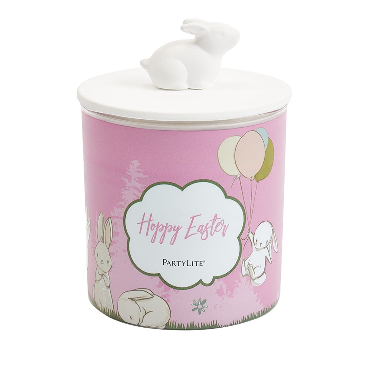 A jar candle with a pink label featuring Easter-themed graphics, including a bunny and balloons, and a white lid with a rabbit knob.
