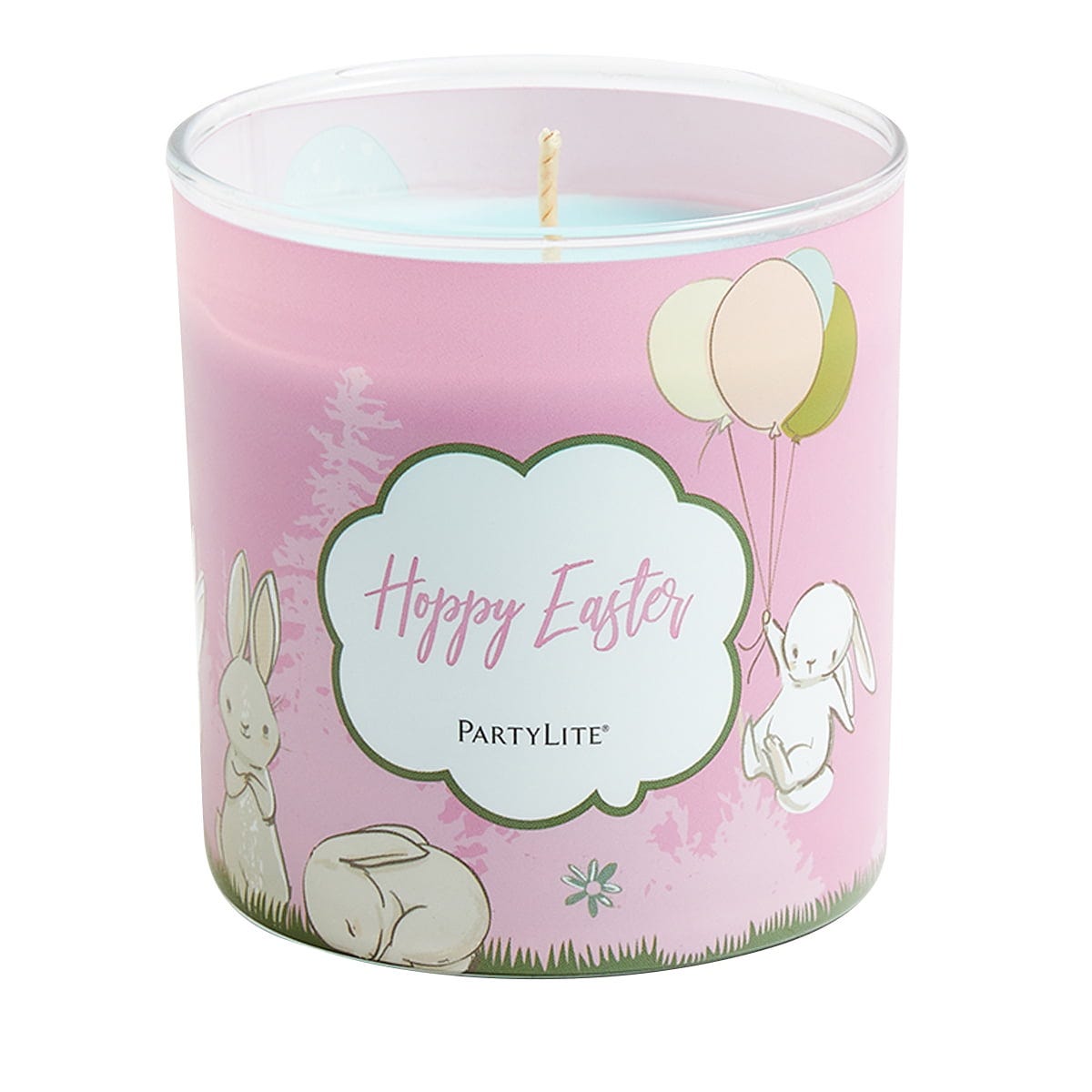 Hoppy Easter Cotton Candy Skies Jar Candle with a pink label with bunnies and ballons on, against a white background.