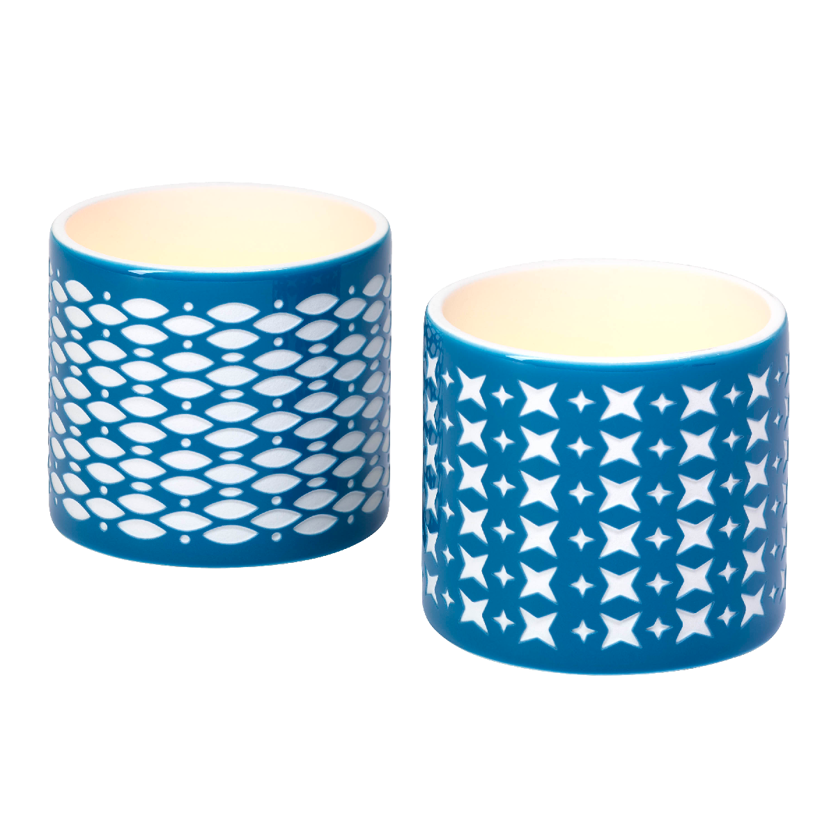 Grecian Tealight Candle Holder Pair blue color with patterns on both.