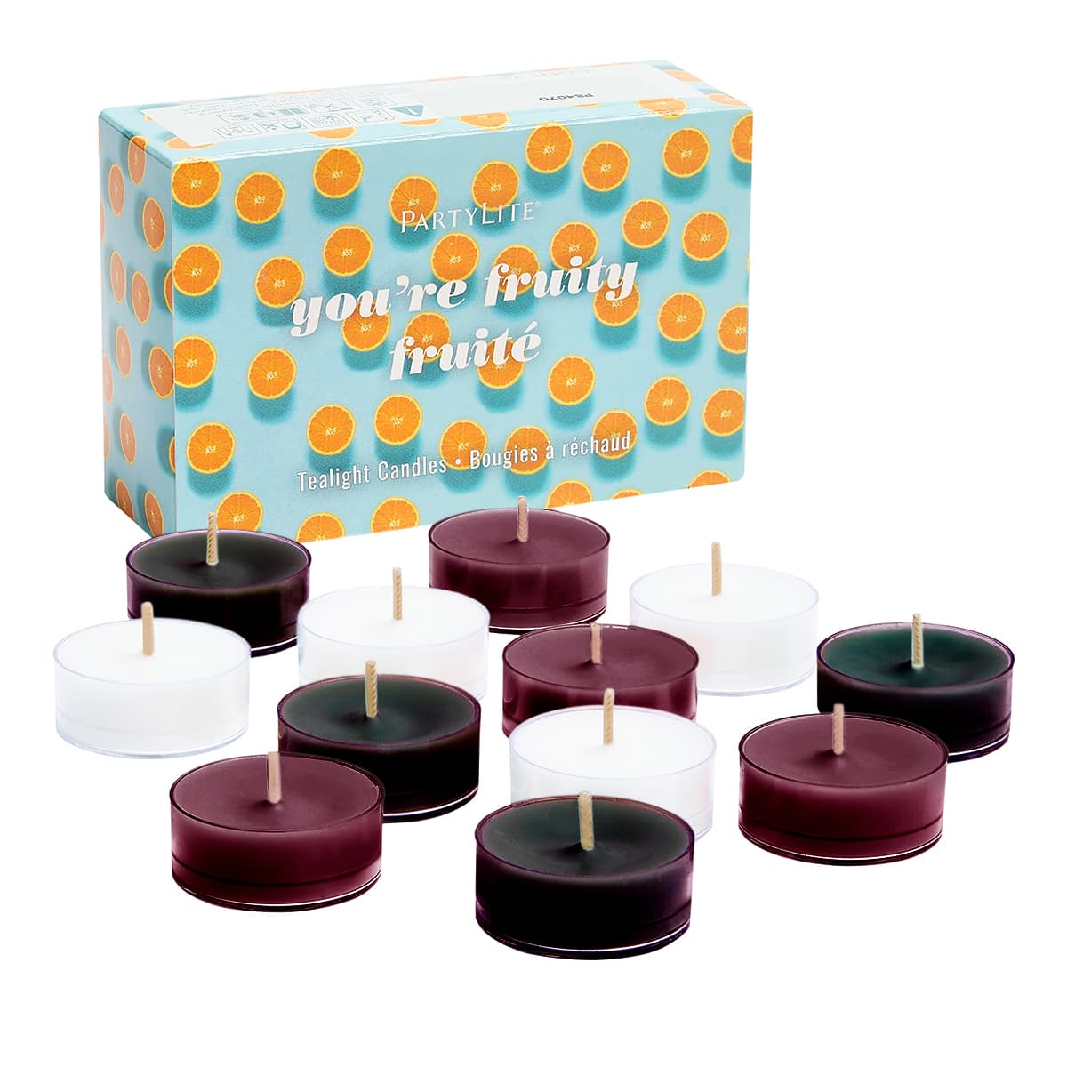 You're Fruity 12-Piece Tealight Sampler 3 different fragrances and colored tealights against a white background.