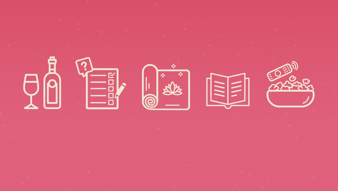 Icons on a pink background: wine bottle and glass; checklist with pencil; yoga mat; open book; bowl of popcorn with remote, conveying relaxation.