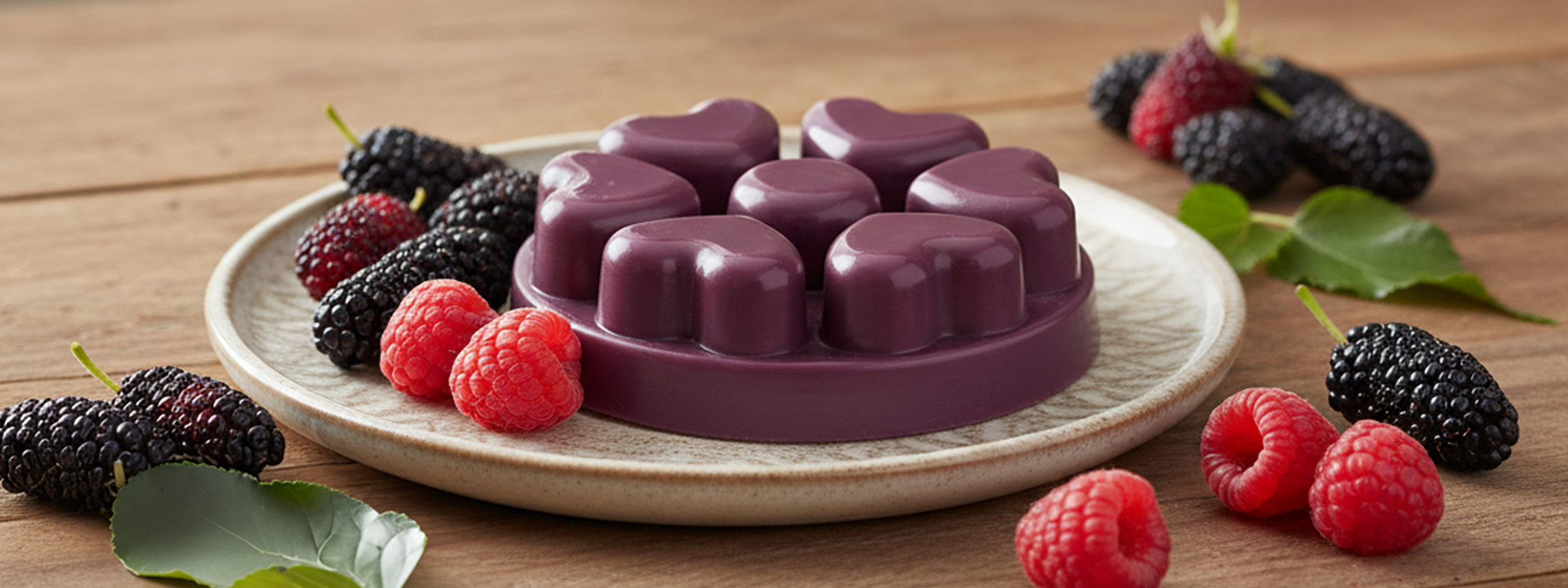 Pinstripe Wax Melt Warmer on a wooden table with a plate of heartshaped wax melts