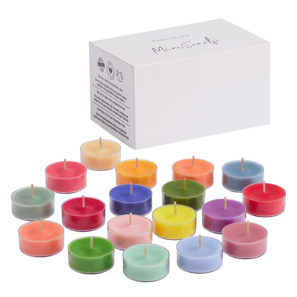 Spring Seasonal MiniScents 18-Piece Tealight Sampler assortment of colorful tealights shown with the tealight box.