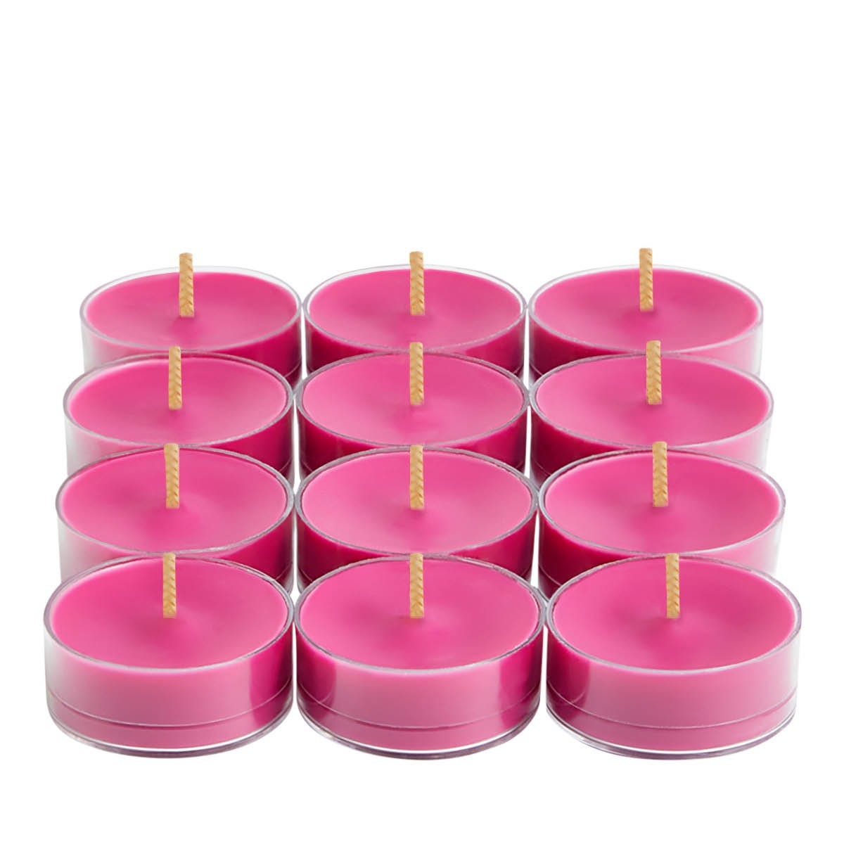 Twelve Pink Berry Blast tealights against a white background.