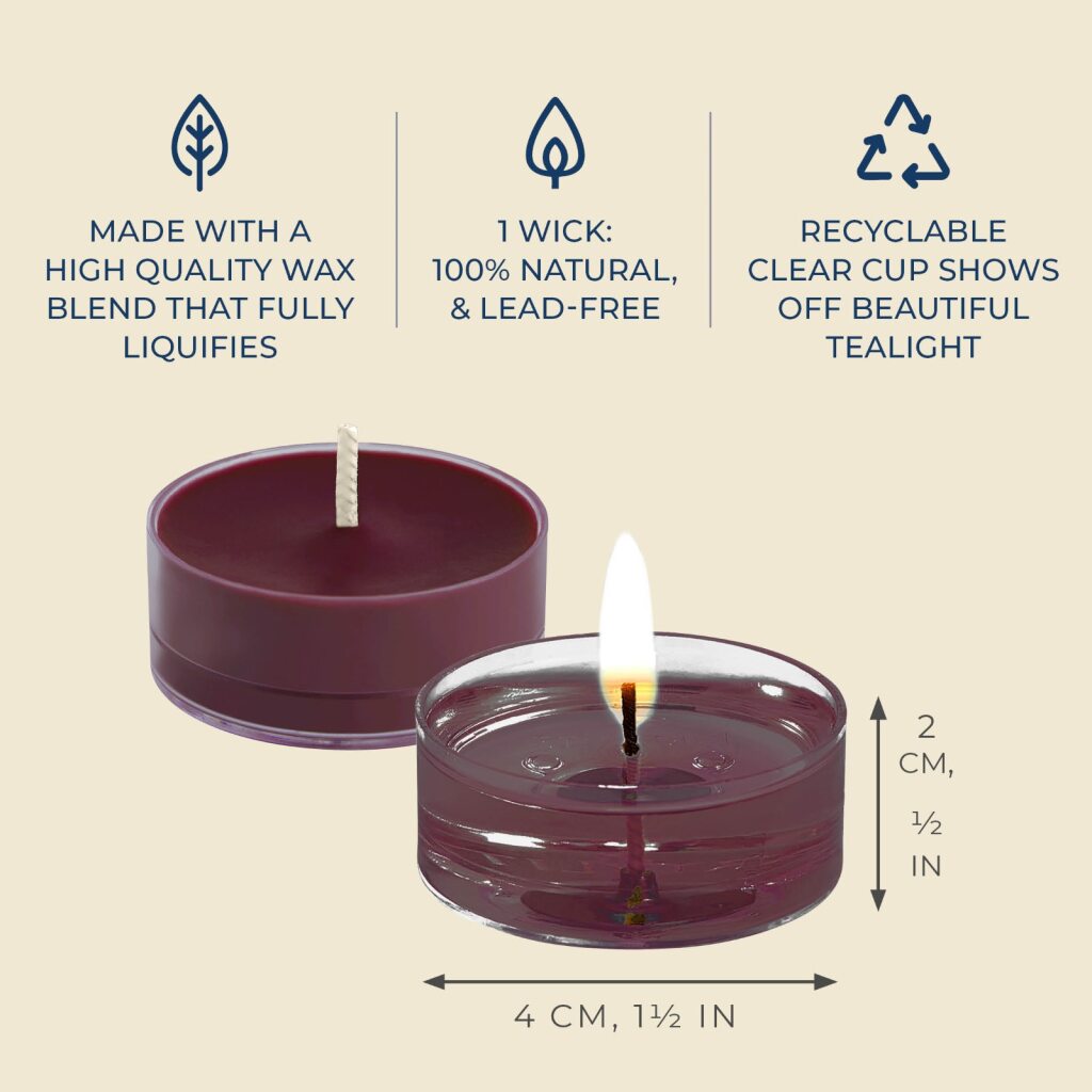 Tealight candle with features listed on a beige background.