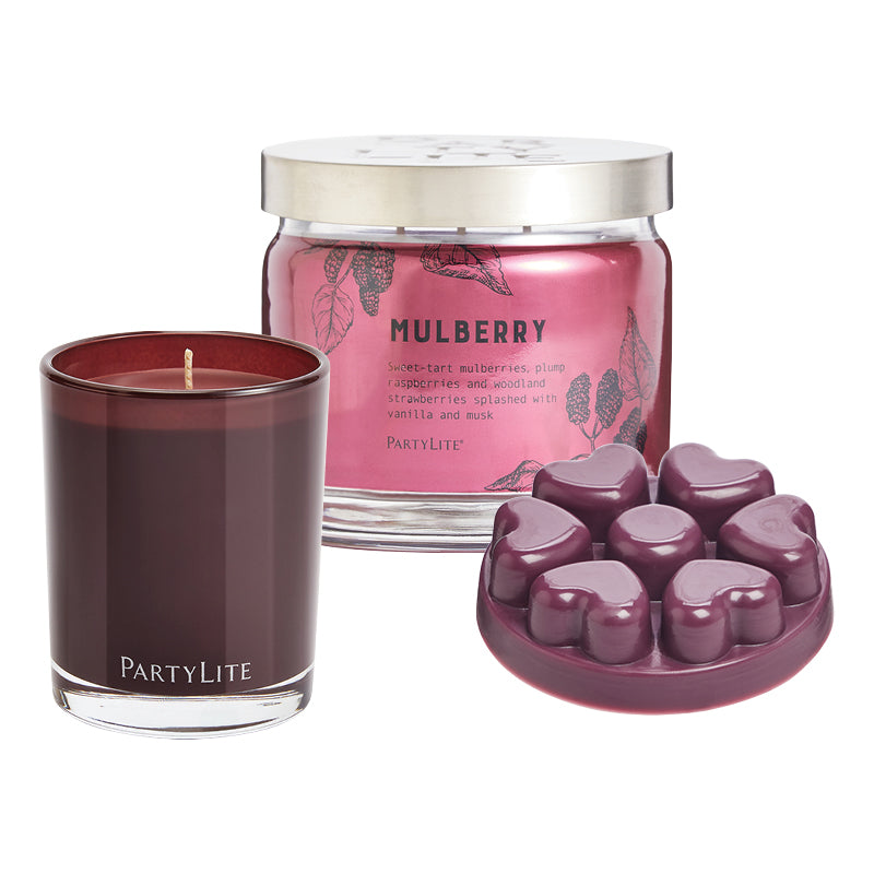 Mulberry 3-wick jar candle with silver lid, Mulberry Escential Jar and Mulberry heart shaped wax melts against a white background.