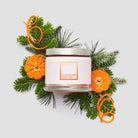 Clementine Garland 3-wick jar candles, surrounded by fruits and fir leaves against a white background.