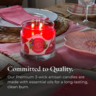 Juicy Strawberry Lemongrass 3-Wick Jar Candle on a table setting, featuring text about candle quality and ingredients.