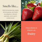 Fragrance profile description with strawberries and lemongrass.