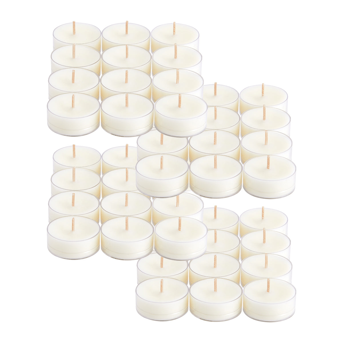 A collection of white tealight candles arranged in a grid pattern, each with a single wick protruding from the top.