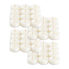 A collection of white tealight candles arranged in a grid pattern, each with a single wick protruding from the top.