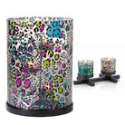 Exotic Chic Hurricane with a colorful butterflies shown with the Exotic Chic Tealight/Votive holders with the same colorful butterflies against a white background.