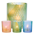 Tropical Palm Huricane with Tropical Palm Tealight/Votive holders, colorful, green, pink and blue holders against a white background.