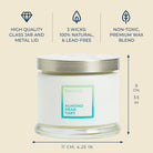 Candle jar with lid, labeled 'Almond Pear Tart', on a beige background with product features listed.