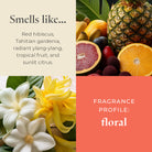 Fragrance profile description with flowers, fruits, and text on a colorful background