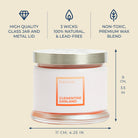 PartyLite Clementine Garland candle with features listed on a beige background