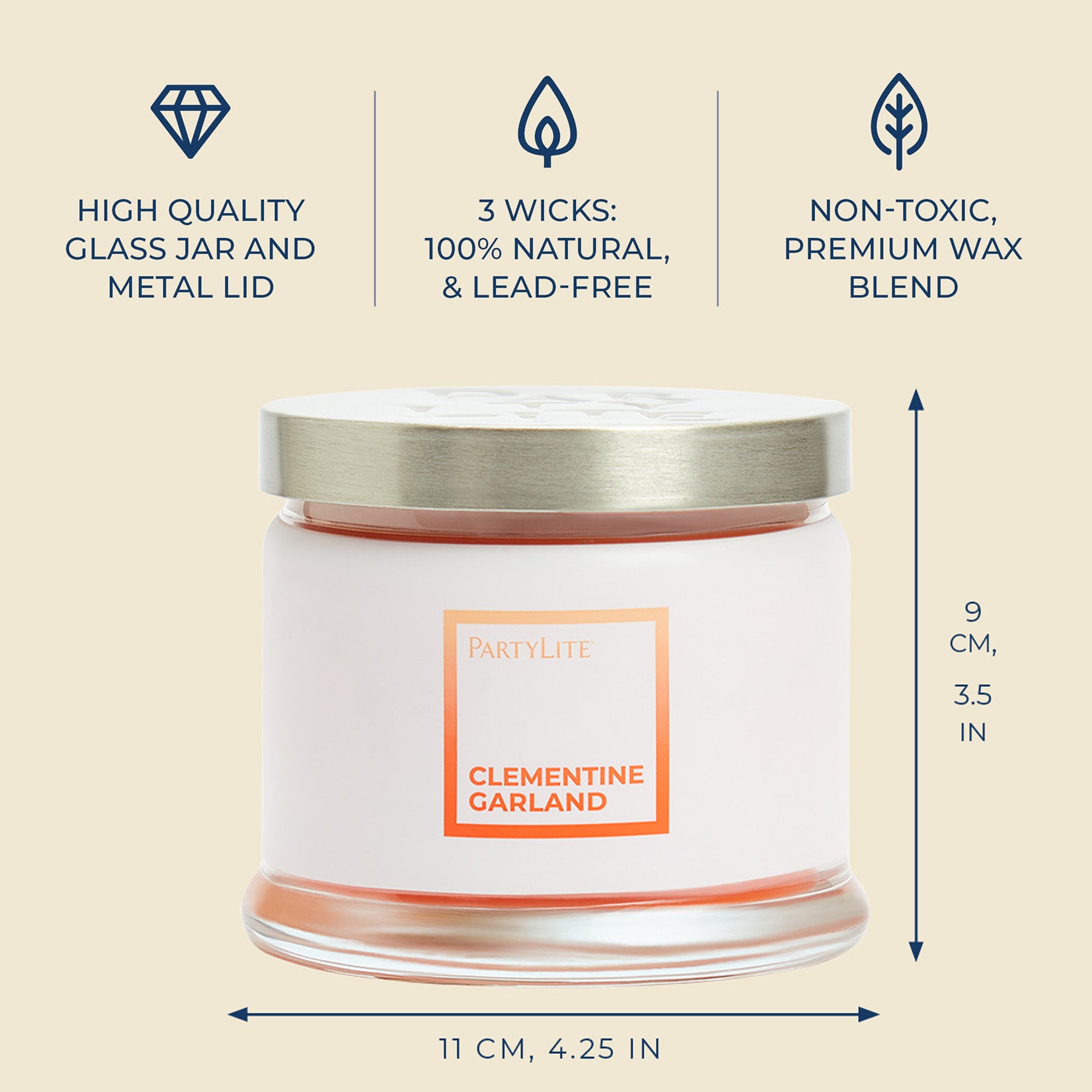 PartyLite Clementine Garland candle with features listed on a beige background